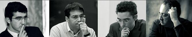 retratos de los cuatro participantes Kramnik Anand Caruana Gelfand