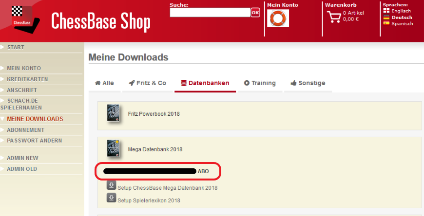 "Meine Downloads" im ChessBase Online Shop