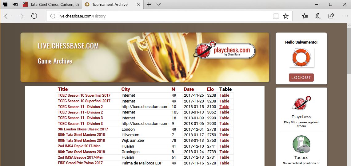 Das Archiv aller zuletzt übertragenen Turniere auf live.chessbase.com