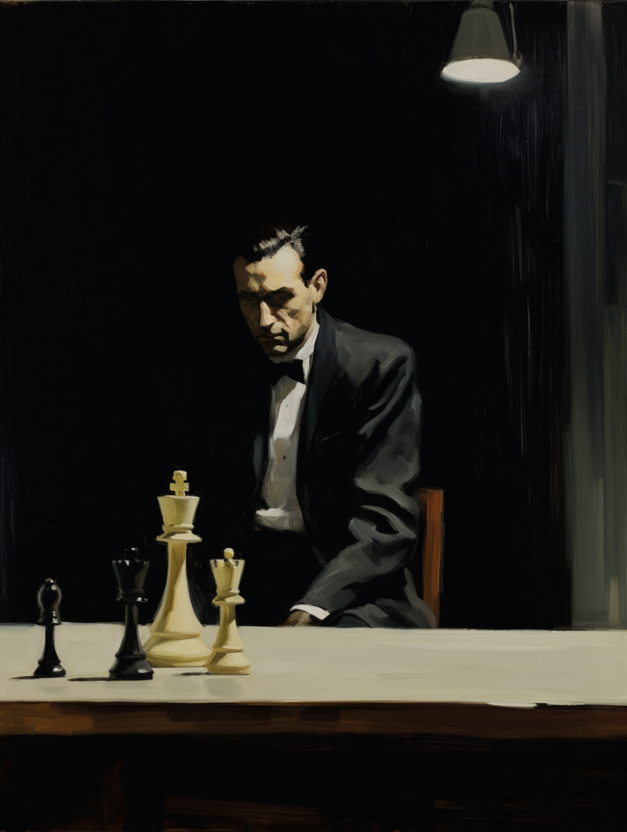 Amerikanischer Realismus - Mann vor Schachfiguren in Bar.